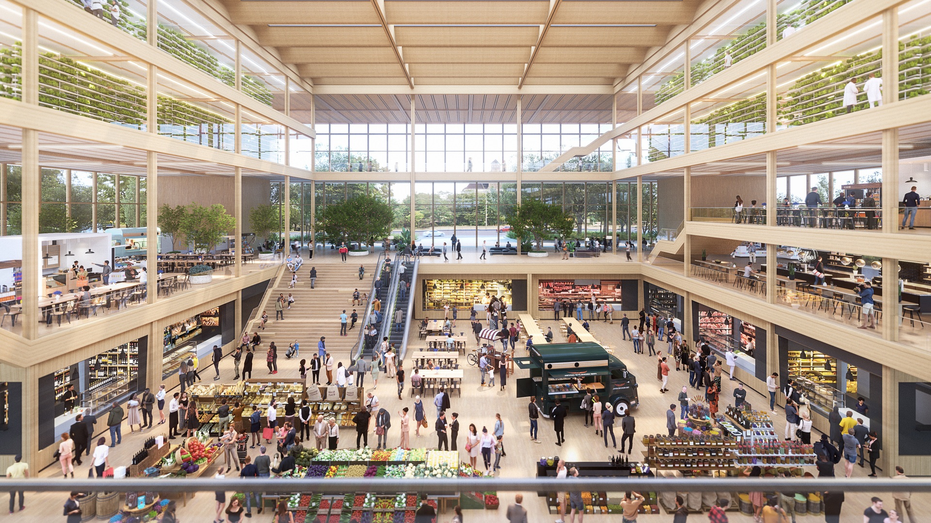 Großzügige Markthalle mit Hightech-Design, nachhaltigen Merkmalen, modularen Ständen und offenen Bereichen, die Interaktion und Innovation fördern.