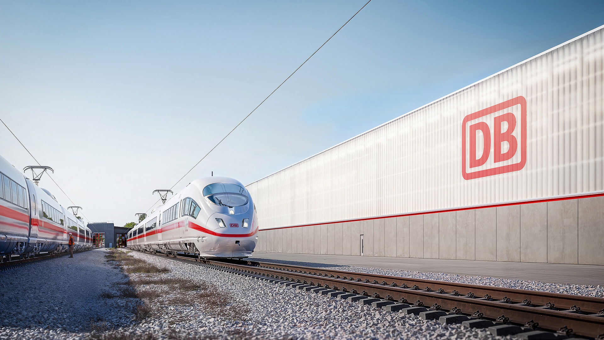 Weißer Hochgeschwindigkeitszug an einem modernen DB-Gebäude, das ein Beispiel für innovatives, nachhaltiges Design für moderne Industrieumgebungen ist.