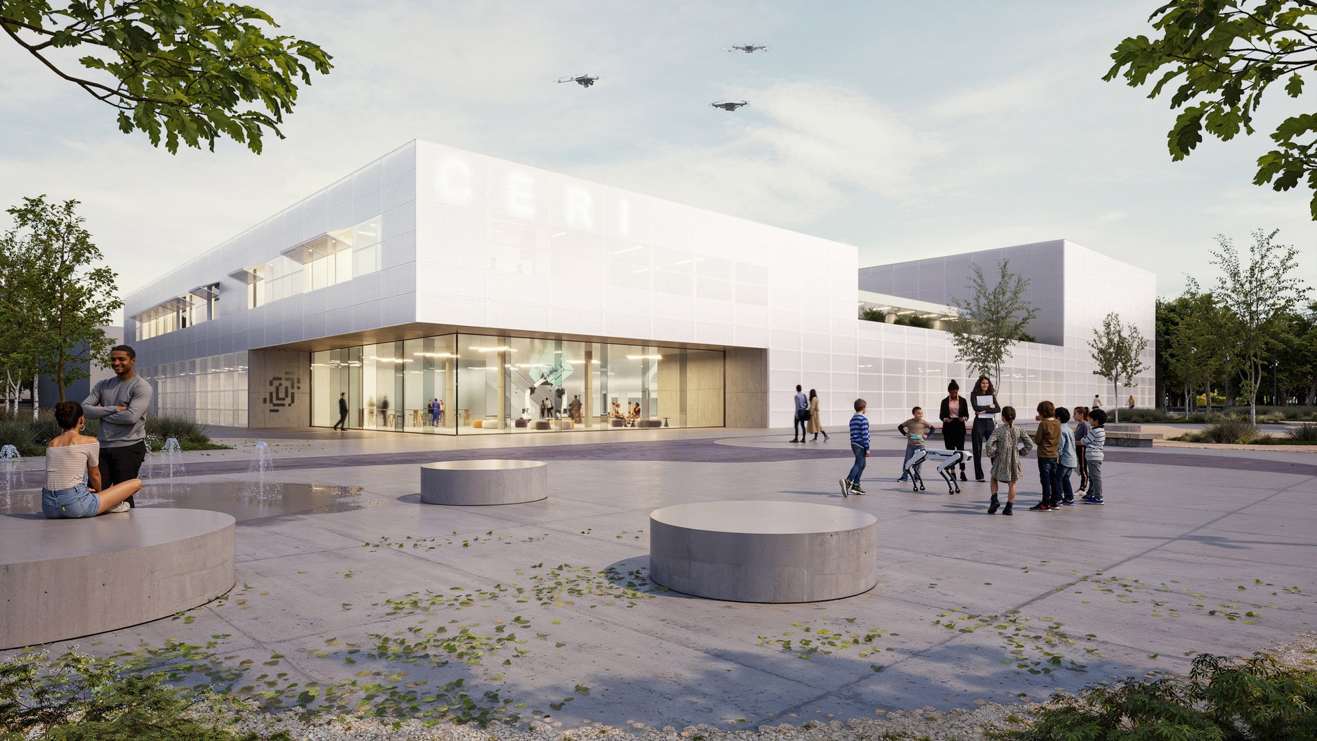 Innovatives weißes Hightech-Gebäude mit großen Fenstern, nachhaltiger Landschaftsgestaltung, Menschen im Freien und Drohnen, die fortschrittliche Technik demonstrieren.