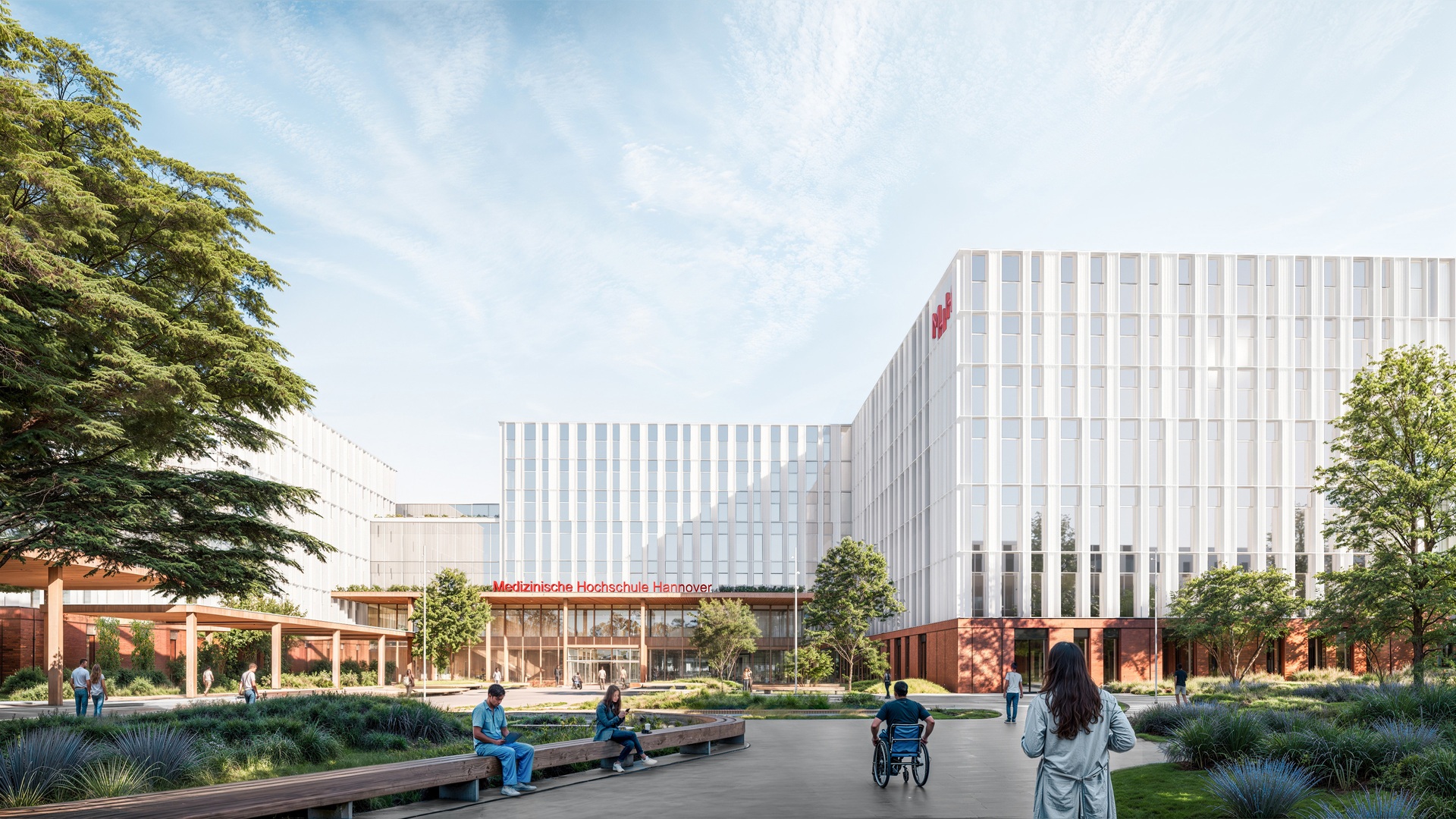 Innovatives Universitätsgebäude mit Glasfassade, fortschrittlichem, nachhaltigem Design, begrünten Sitzgelegenheiten und regem Fußgängerverkehr.