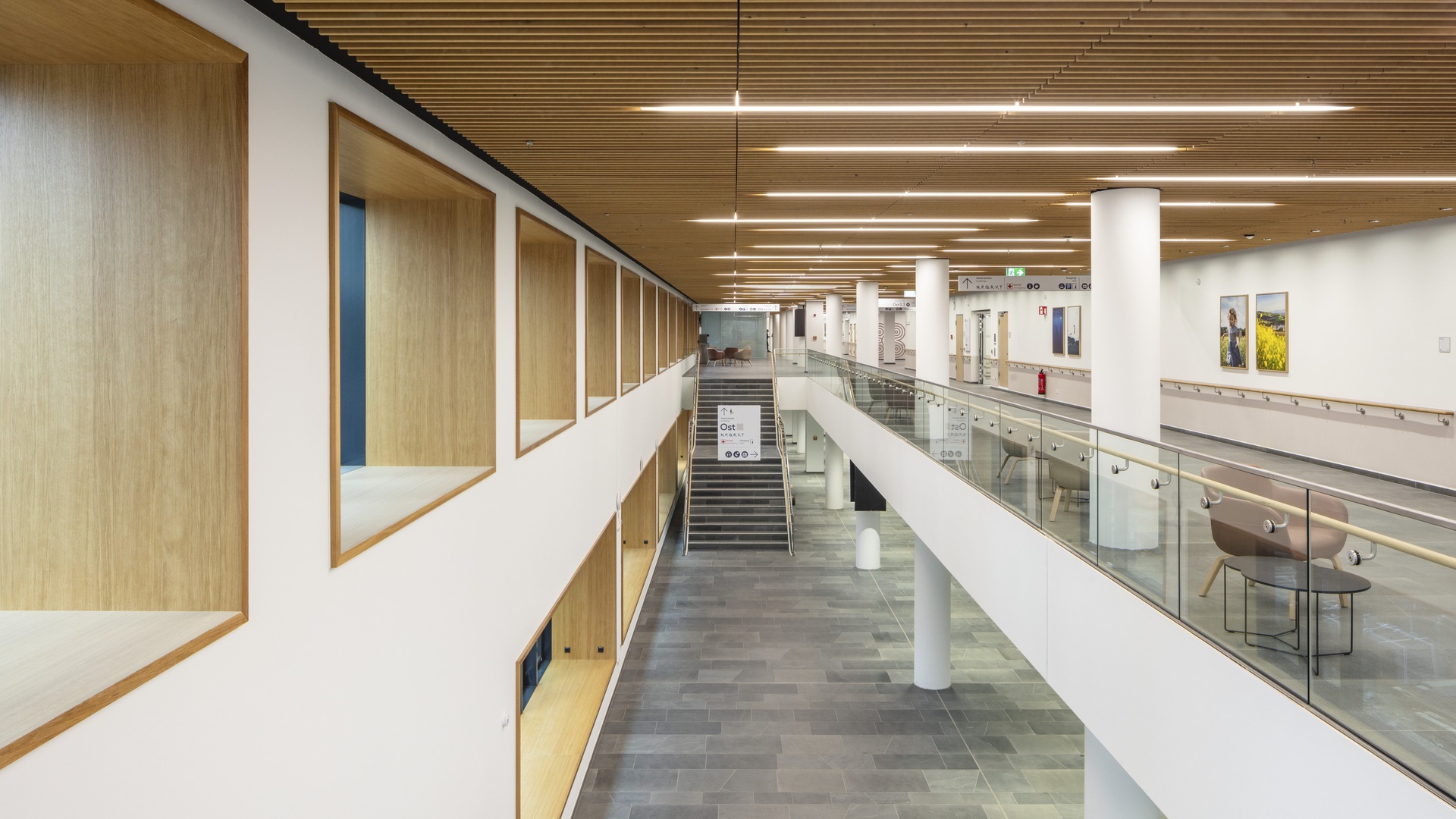 Innovative building interior featuring precision-crafted wood cubbies, glass railings, and a wide corridor for advanced research use.