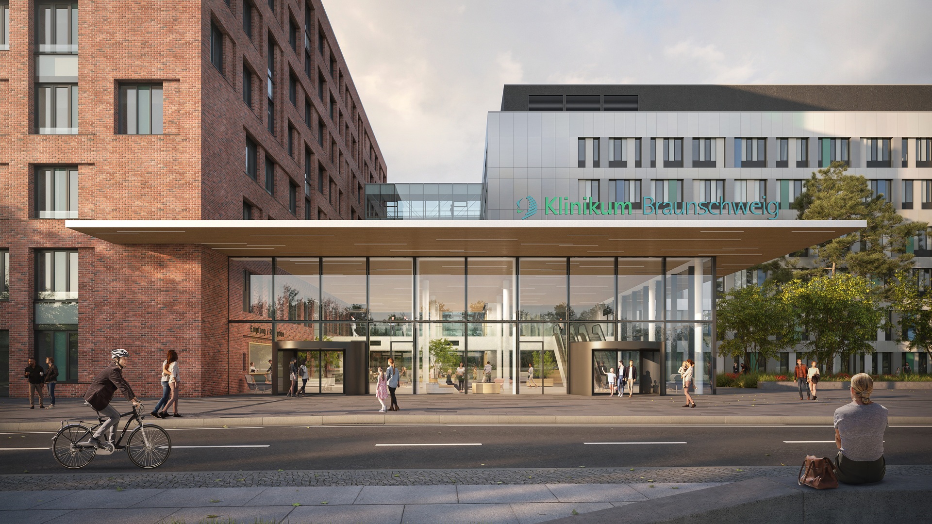 Hightech-Krankenhauseingang mit moderner Glasfassade, nachhaltigem Design, aktiver Verkehrsanbindung und innovativen Gebäuden aus gemischten Materialien.