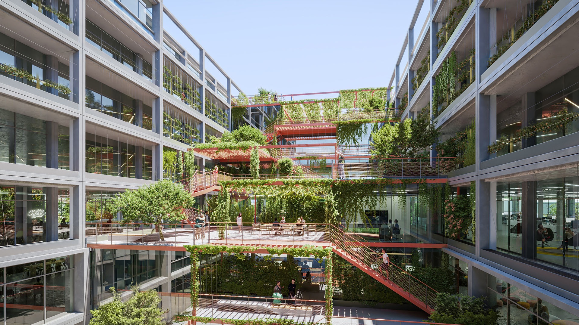 Innovativer Büro-Innenhof mit nachhaltigen grünen Terrassen, intelligenter Landschaftsgestaltung und technologieintegrierten Zonen für die Zusammenarbeit.