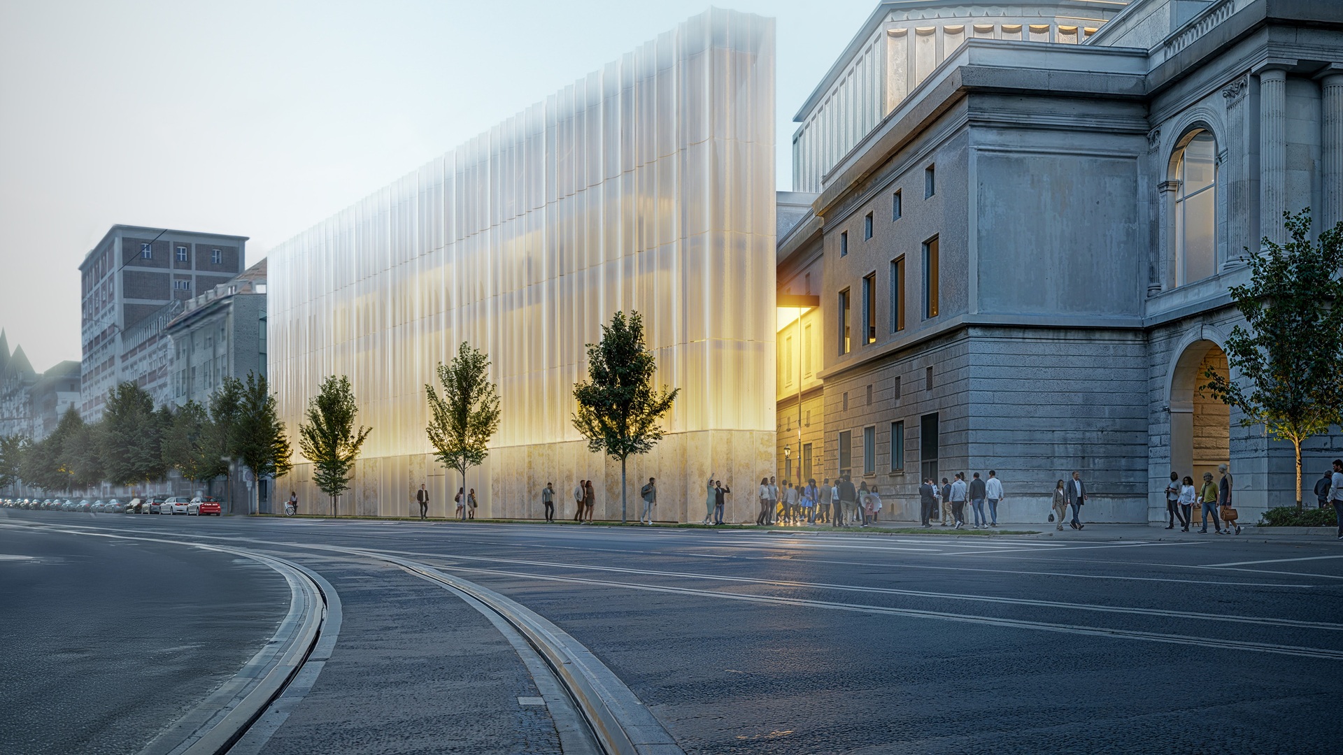Sleek glass extension with innovative lighting connects to historic stone structure, exemplifying sustainable, high-tech architectural design.