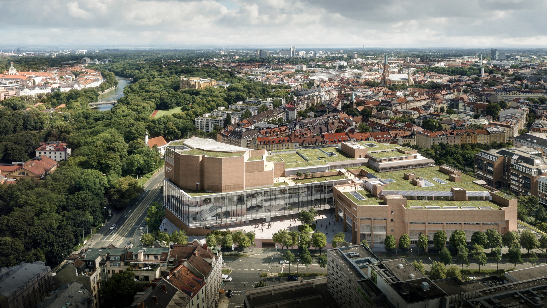 Aerial view of a sustainable cityscape featuring innovative, high-tech research and industrial buildings set amid green, tree-lined spaces.