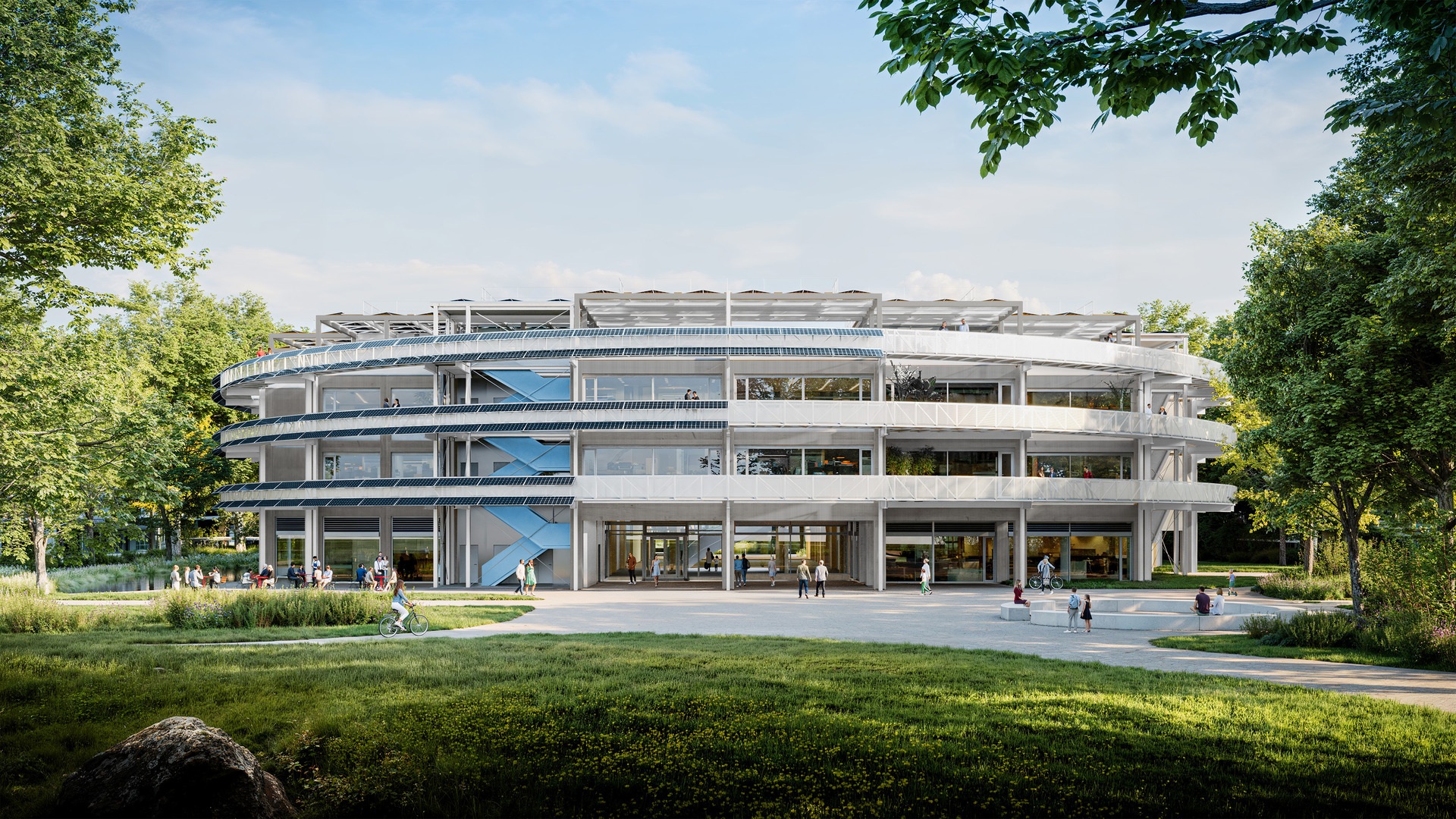 A high-tech, circular research facility with glass walls and blue accents, showcasing innovative, sustainable design amid greenery.