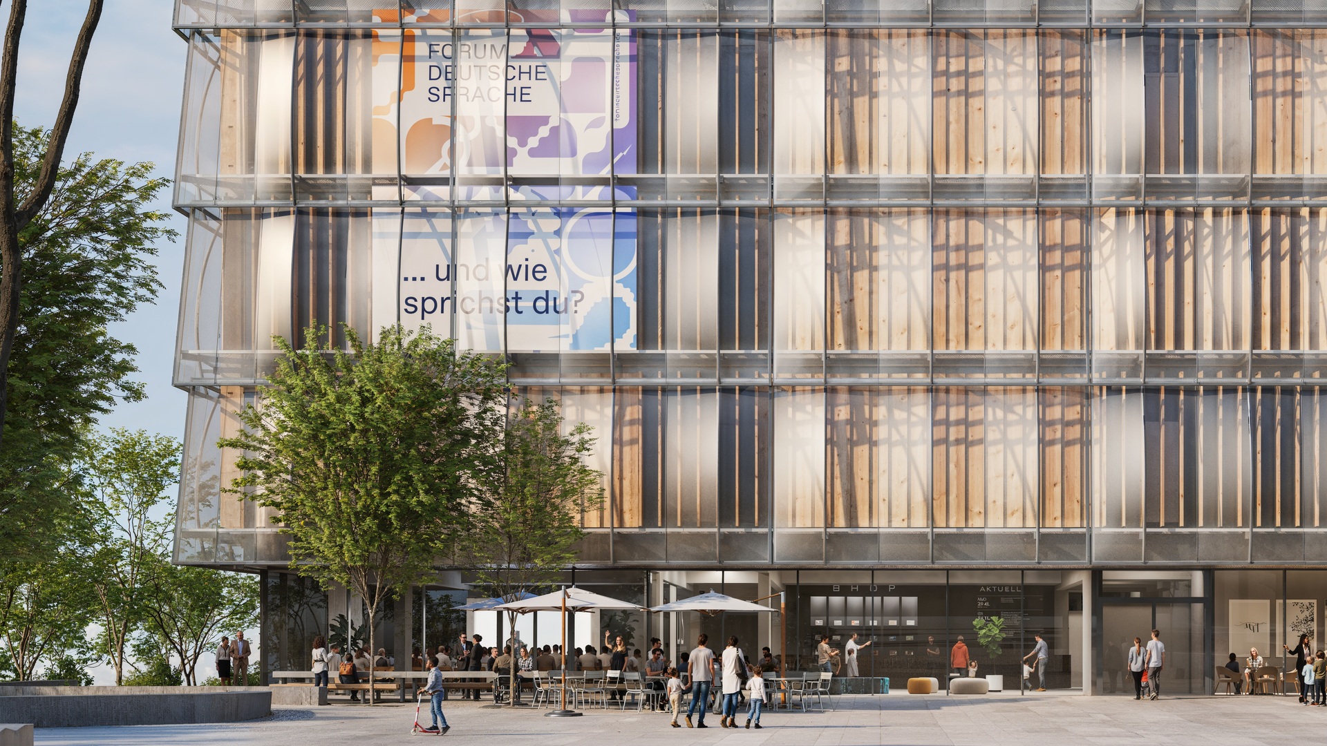 Elegantes gläsernes Forschungsgebäude mit nachhaltigen Außenbereichen, fortschrittlicher Fassadentechnologie und dynamischem, fußgängerfreundlichem Design.