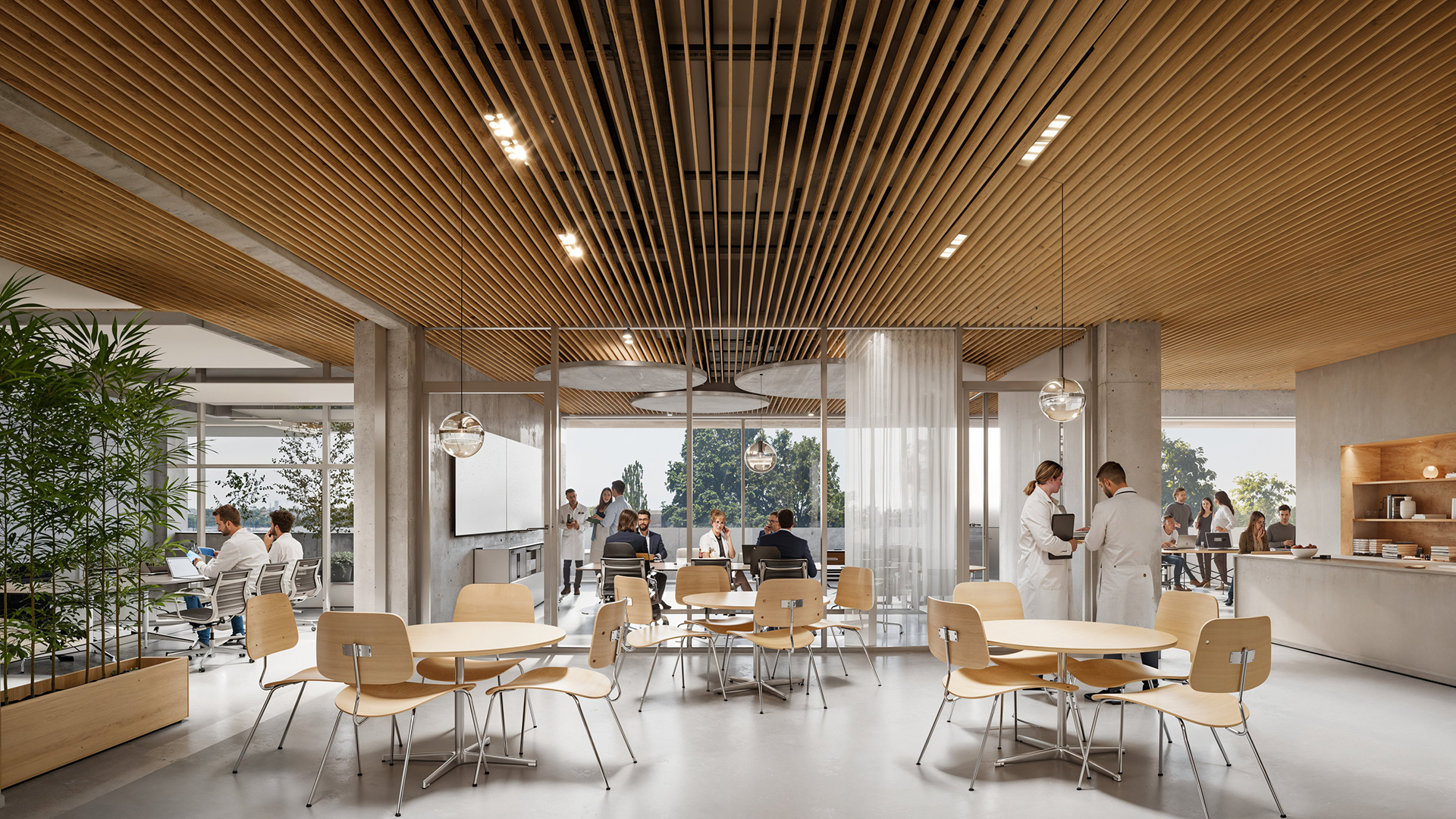 Hightech-Bürocafeteria mit nachhaltiger Holzdecke, flexiblen Sitzgelegenheiten und gemeinschaftlichen Räumen für innovatives Team-Engagement.
