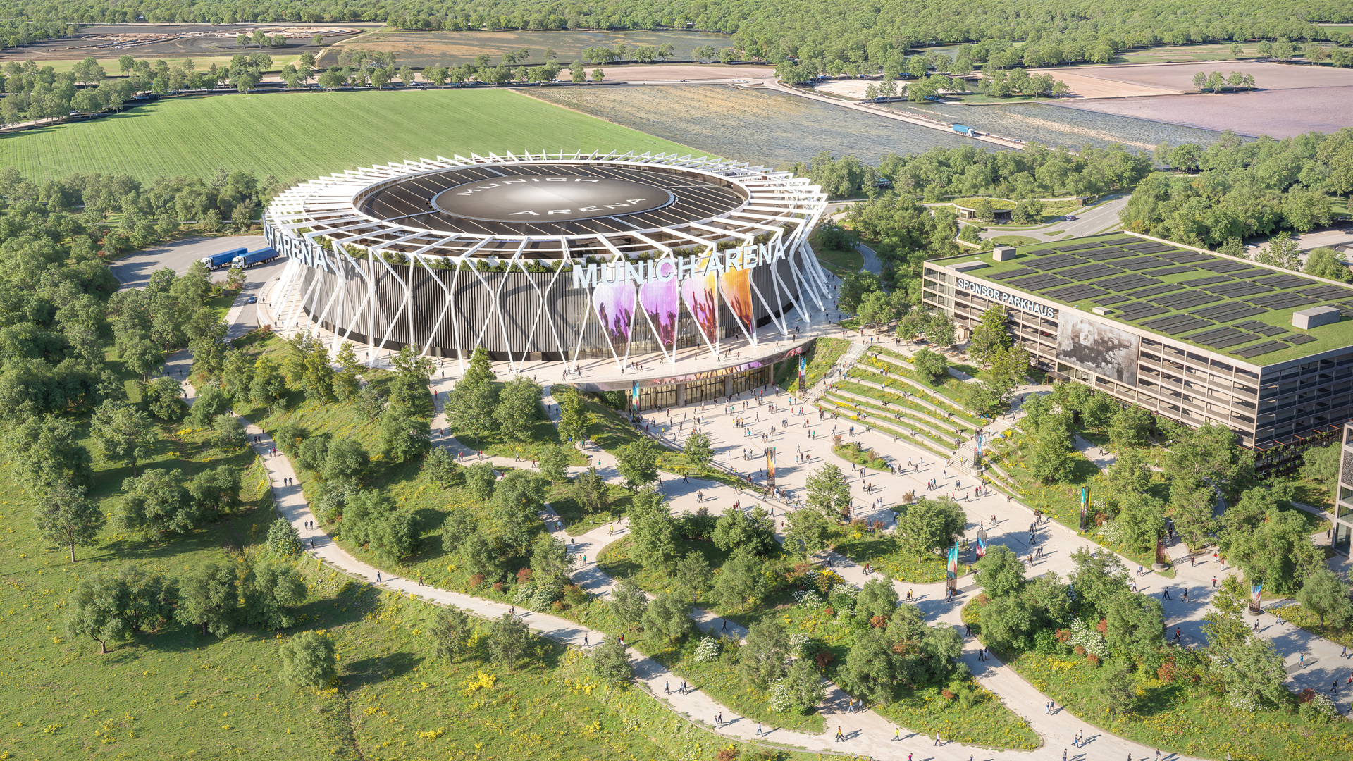 Aerial view of Munich Arena stadium, showcasing innovative architecture amid sustainable landscaping and modern facilities.