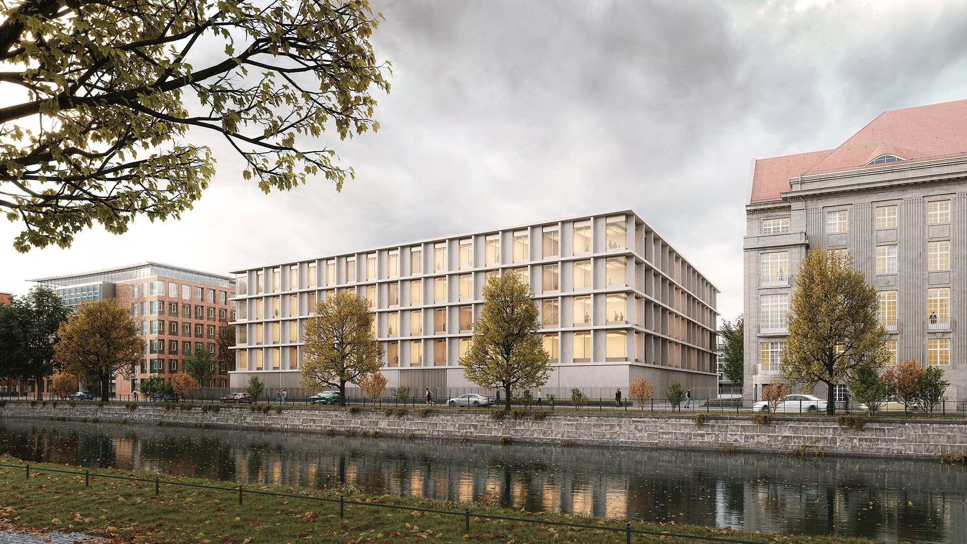 Innovative high-tech facility with expansive glass windows beside a canal, harmoniously blending sustainable design and function.