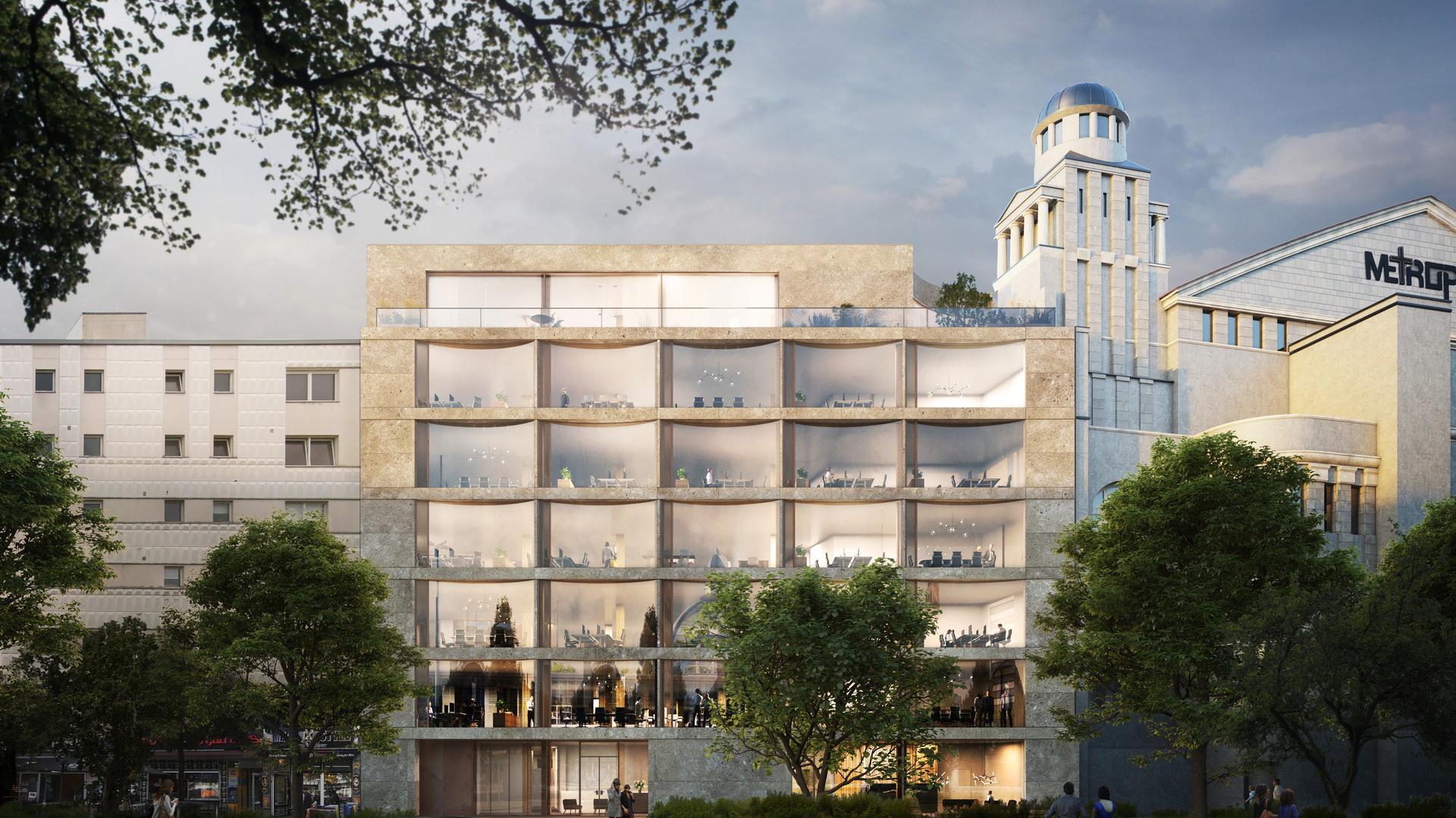 Elegantes mehrstöckiges Gebäude mit viel Glas, integrierter Begrünung und angrenzendem Turmelement, das innovatives, nachhaltiges Design zeigt.