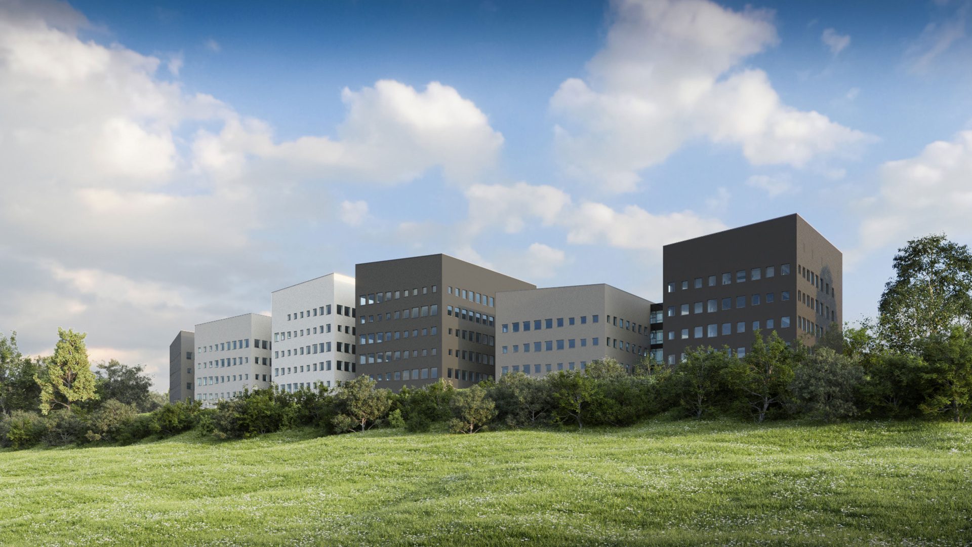 Innovative, high-tech office buildings with expansive windows set behind sustainable green space and trees under a partly cloudy sky.