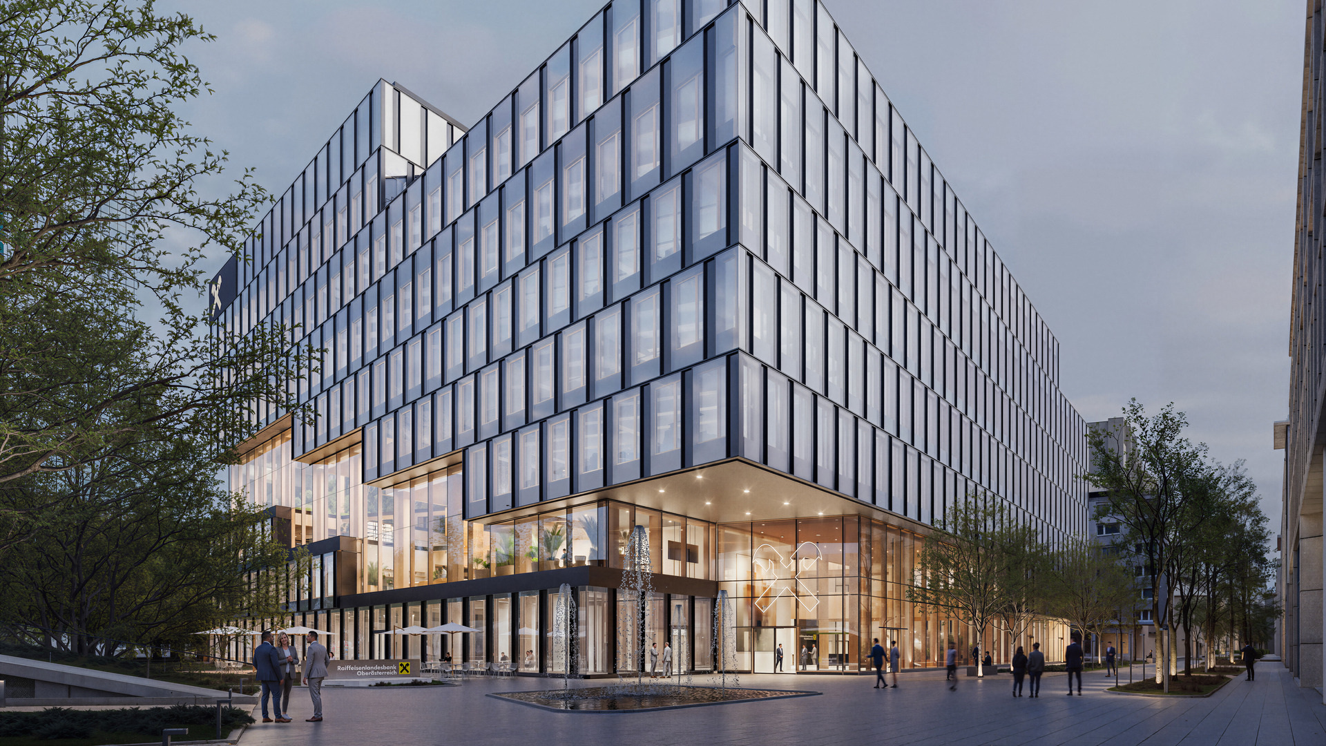 Hightech-Bürogebäude aus Glas in der Abenddämmerung, das nachhaltiges Design und fortschrittliche Technologie in sich vereint und für Innovation und Forschung angelegt wurde.