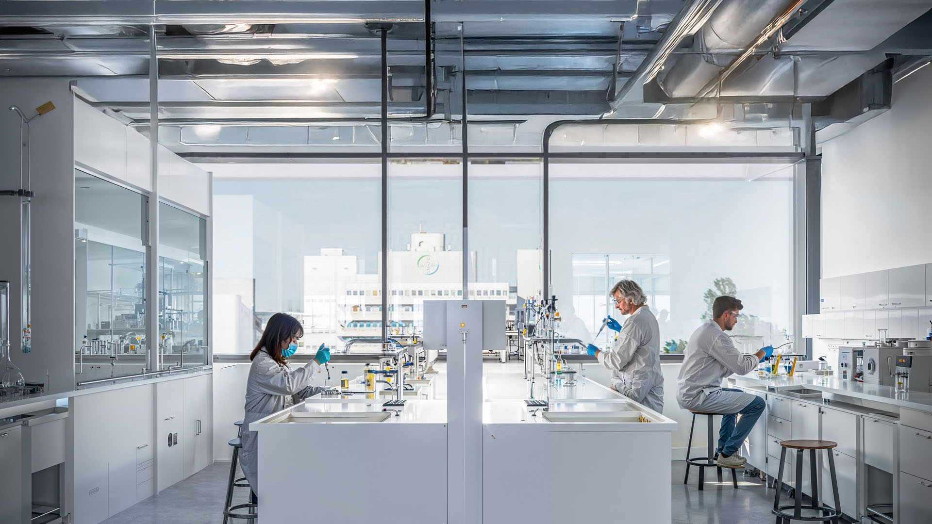 Drei Wissenschaftler in Laborkitteln arbeiten an hochmodernen Stationen in einem eleganten, nachhaltigen Hightech-Labor, das für Forschungsinnovationen konzipiert wurde.