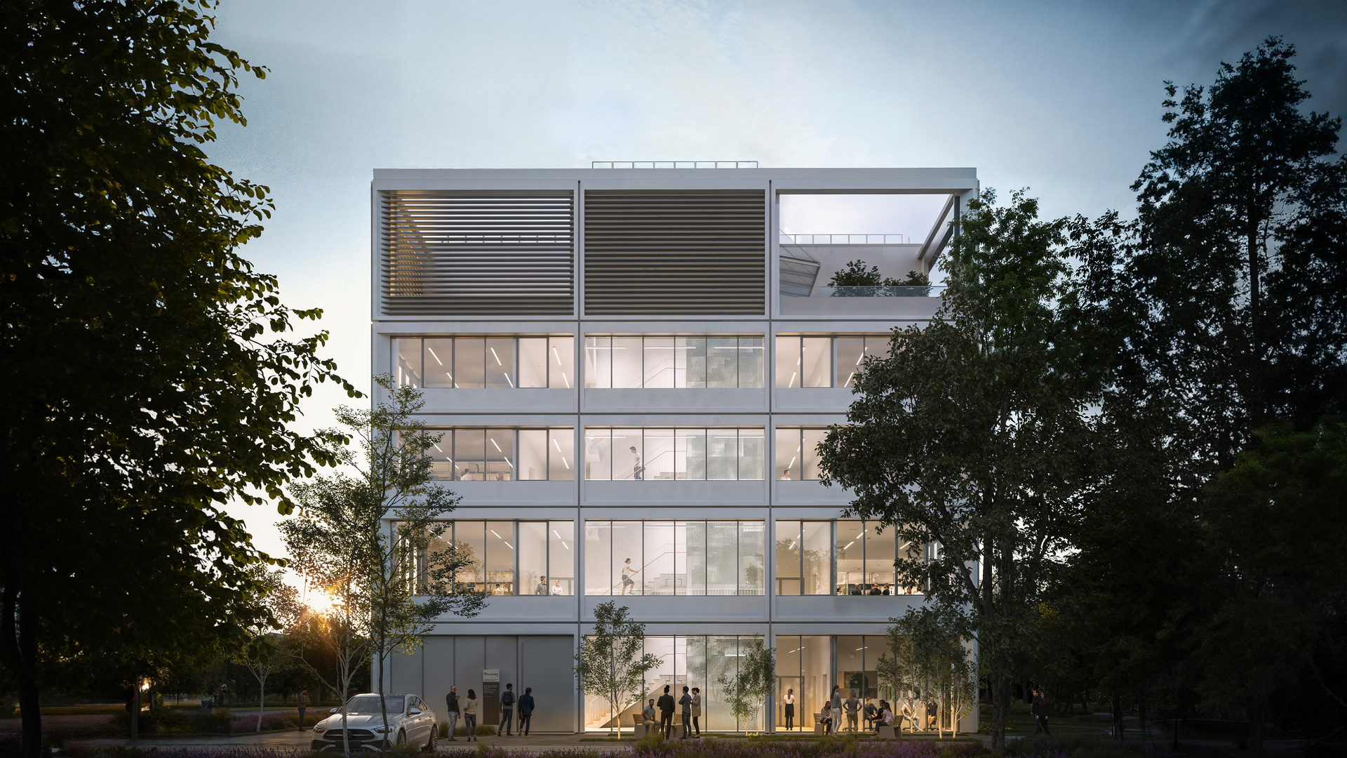 Innovatively designed high-tech glass facility featuring sustainable architecture, with researchers and professionals outside, seamlessly integrated into landscaped greenery at dusk—demonstrating precision engineering and advanced solutions for scientific and industrial advancement.