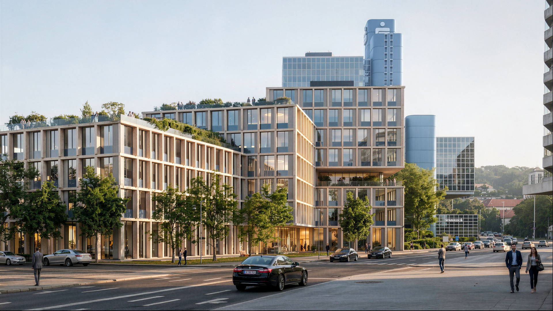 A precision-engineered, multi-story urban complex featuring tiered sustainable terraces and green rooftops, exemplifying a modern, forward-looking architectural environment.